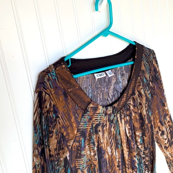 Cato BROWN TEAL BLACK COLOR LONG SLEEVE ROUND NECK BLOUSE RUCHED SLEEVES LARGE - Picture 3 of 10